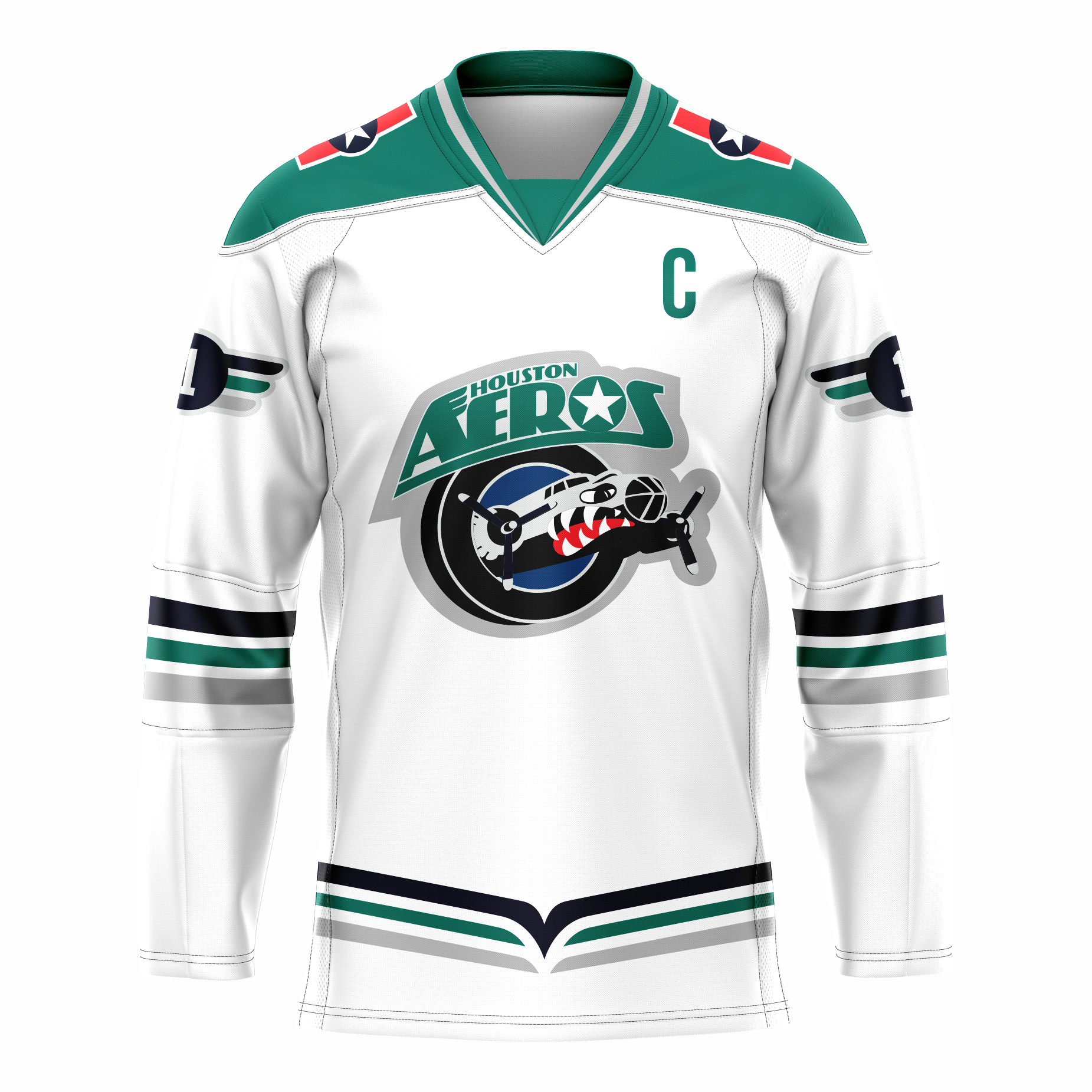 Houston Aeros IHL jersey. White. Black green and silver bands halfway down sleeves and at waist. Green shoulders. Logo on chest is Houston in green small over AEROS large, above black circle with fuselage of bomber with propellers emerging. Fuselage has eye and teeth baring. Royal Retros