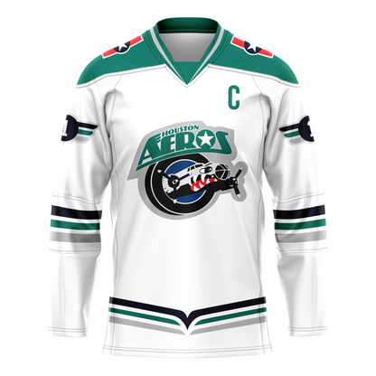 Houston Aeros IHL jersey. White. Black green and silver bands halfway down sleeves and at waist. Green shoulders. Logo on chest is Houston in green small over AEROS large, above black circle with fuselage of bomber with propellers emerging. Fuselage has eye and teeth baring. Royal Retros