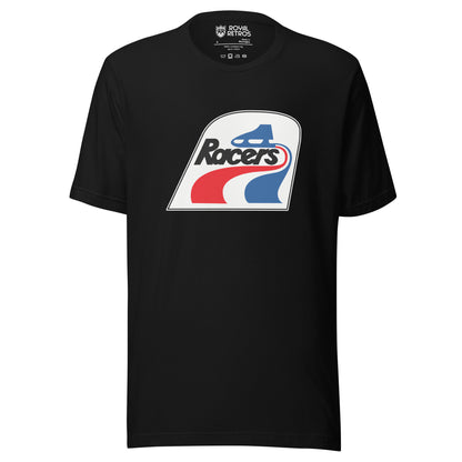 Indianapolis Racers WHA T-shirt. Black. Logo is white square with curved top. Blue skate making red and blue waves. Racers in black below skate and above waves. Royal Retros