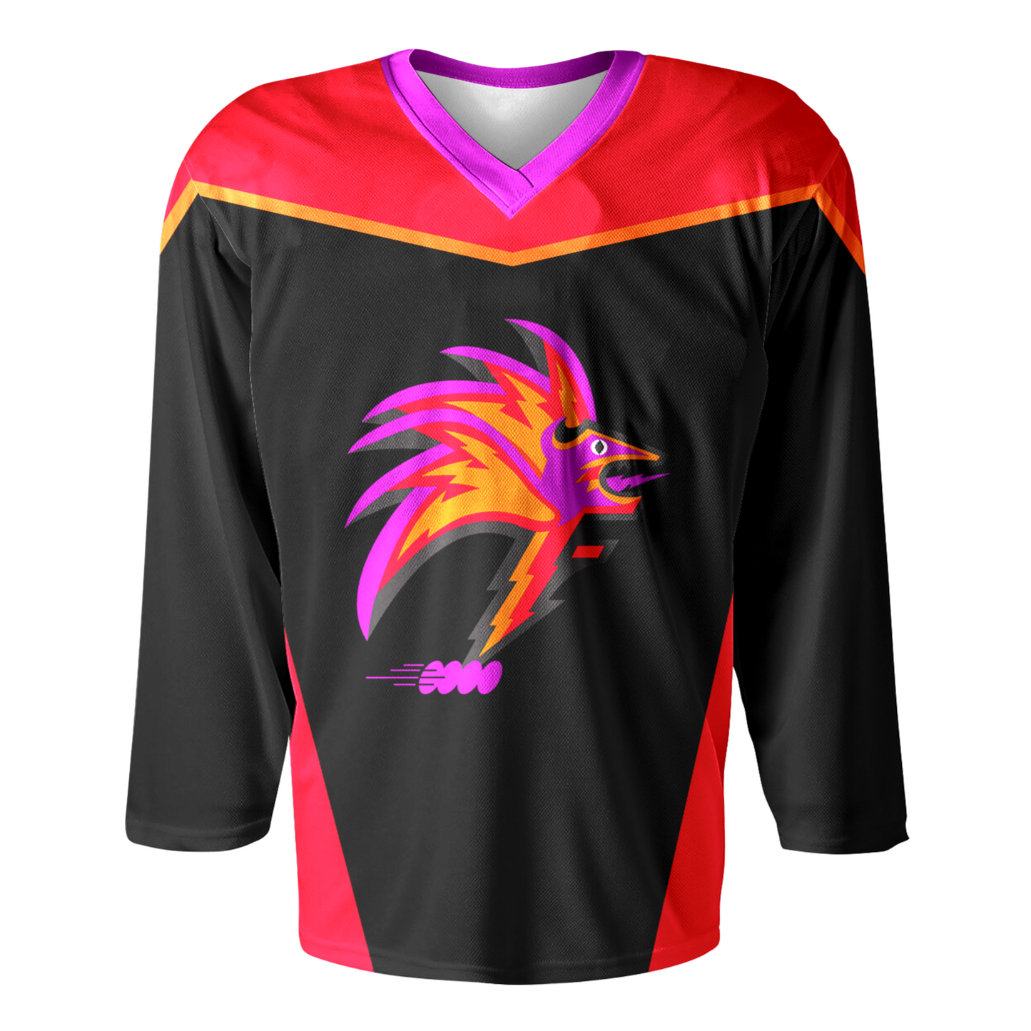 Las Vegas Flash RHI Jersey - Jerseys. Black. Red shoulders with orange trim. Purple collar. Red trim on lower sides. Logo on chest: Stylized bird head in profile. Purple face with red, orange, and purple feathers. Royal Retros