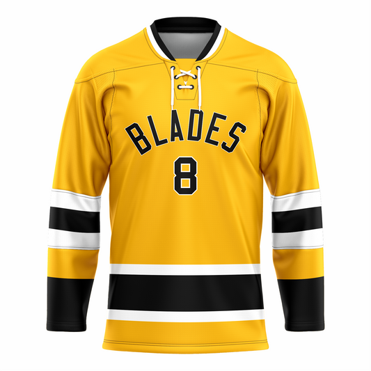 Los Angeles Blades WHL jersey. Yellow. Black and white collar. White, black, white bands, mid-sleeve and above waist. Thick black bands at sleeve ends. BLADES curved in black with white trim. #8 black with white trim below. Royal Retros