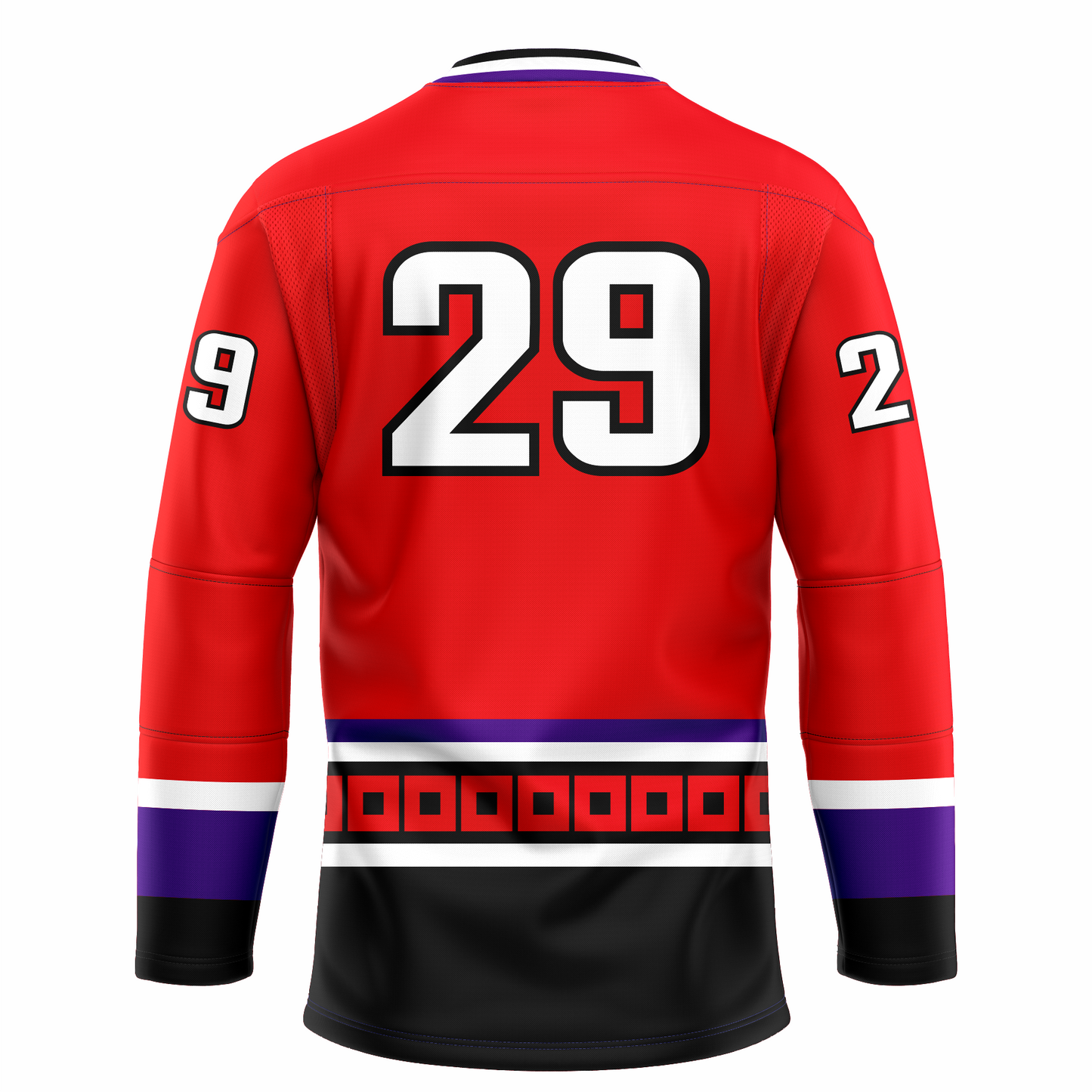 Lowell Lock Monsters hockey jersey. Red. Purple, white, and black collar. White, purple, and black bands at sleeve ends. Purple and white band at waist. Black band below with red squares, white band and large black band below. #29 white with black trim large on back. Royal Retros.