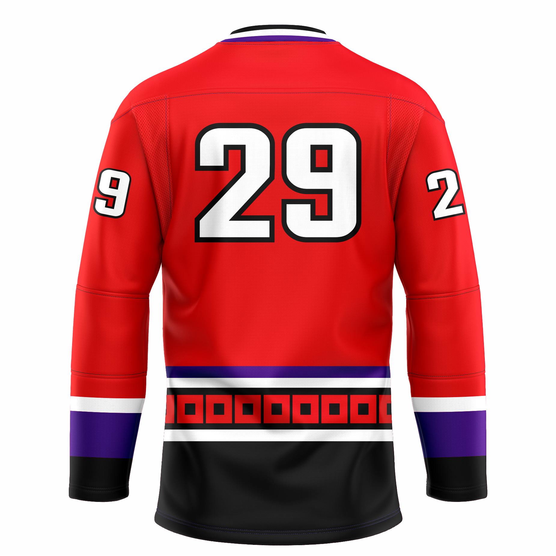 Lowell Lock Monsters hockey jersey. Red. Purple, white, and black collar. White, purple, and black bands at sleeve ends. Purple and white band at waist. Black band below with red squares, white band and large black band below. #29 white with black trim large on back. Royal Retros.