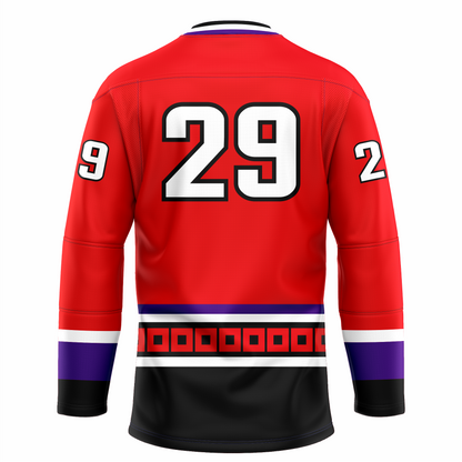 Lowell Lock Monsters hockey jersey. Red. Purple, white, and black collar. White, purple, and black bands at sleeve ends. Purple and white band at waist. Black band below with red squares, white band and large black band below. #29 white with black trim large on back. Royal Retros.
