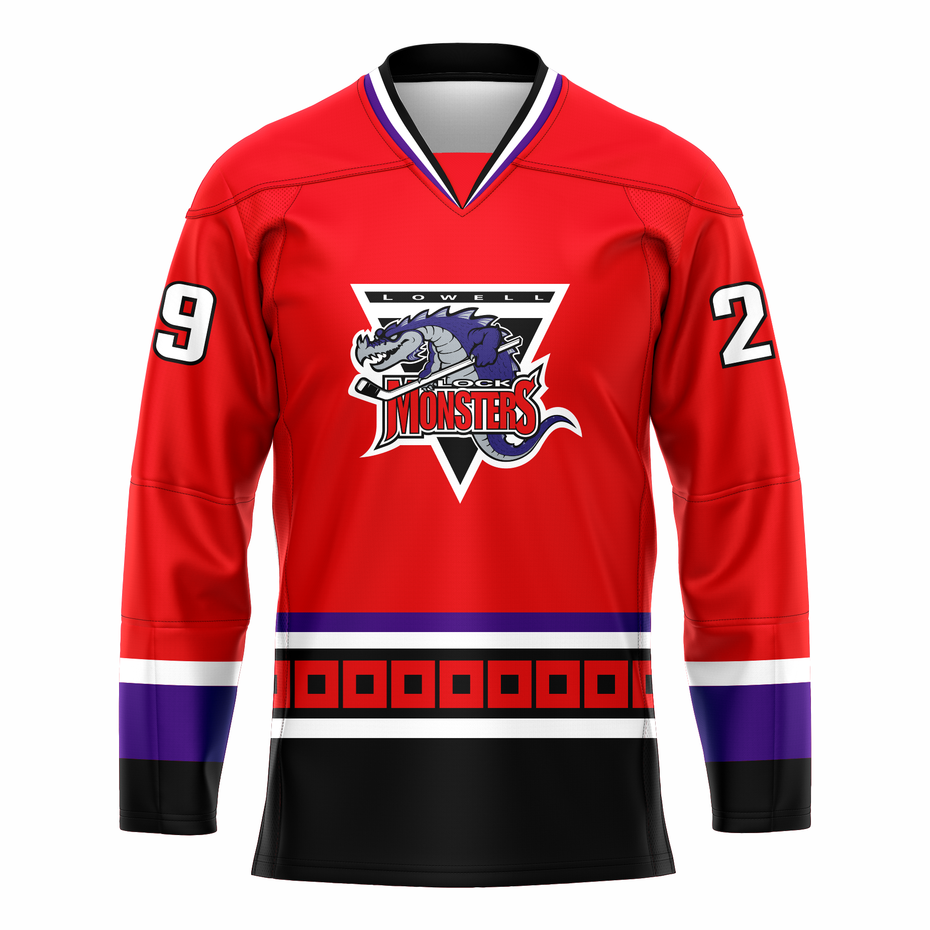 Lowell Lock Monsters hockey jersey. Red. Purple, white, and black collar. White, purple, and black bands at sleeve ends. Purple and white band at waist. Black band below with red squares, white band and large black band below. Logo is an upside down triangle, Lowell in white with black background at top. Purple and great dragon with hockey stick over MONSTERS in red. Royal Retros. 