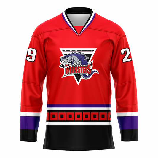 Lowell Lock Monsters hockey jersey. Red. Purple, white, and black collar. White, purple, and black bands at sleeve ends. Purple and white band at waist. Black band below with red squares, white band and large black band below. Logo is an upside down triangle, Lowell in white with black background at top. Purple and great dragon with hockey stick over MONSTERS in red. Royal Retros. 