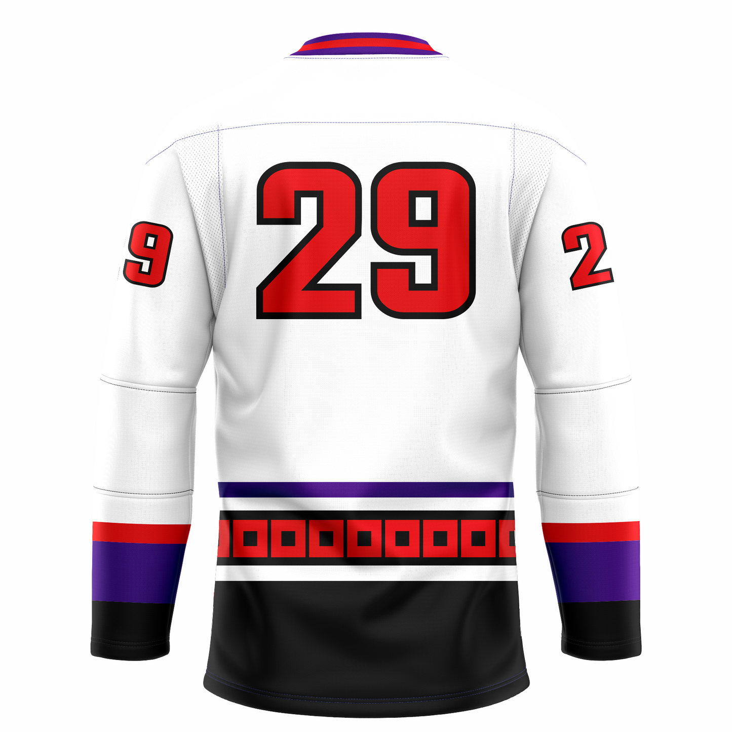 Lowell Lock Monsters hockey jersey. White. Purple, white, and red collar. Red, purple, and black bands at sleeve ends. Purple and white band at waist. Purple band below with red squares, white band and large black band below. #29 in red with black outline large on back. Royal Retros. 