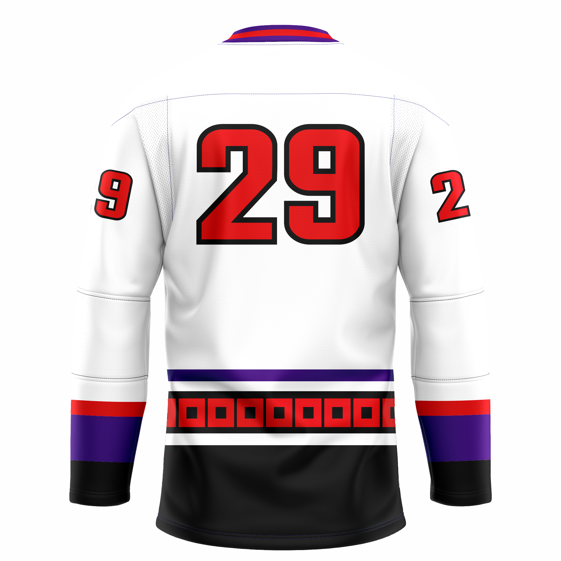 Lowell Lock Monsters hockey jersey. White. Purple, white, and red collar. Red, purple, and black bands at sleeve ends. Purple and white band at waist. Purple band below with red squares, white band and large black band below. #29 in red with black outline large on back. Royal Retros. 
