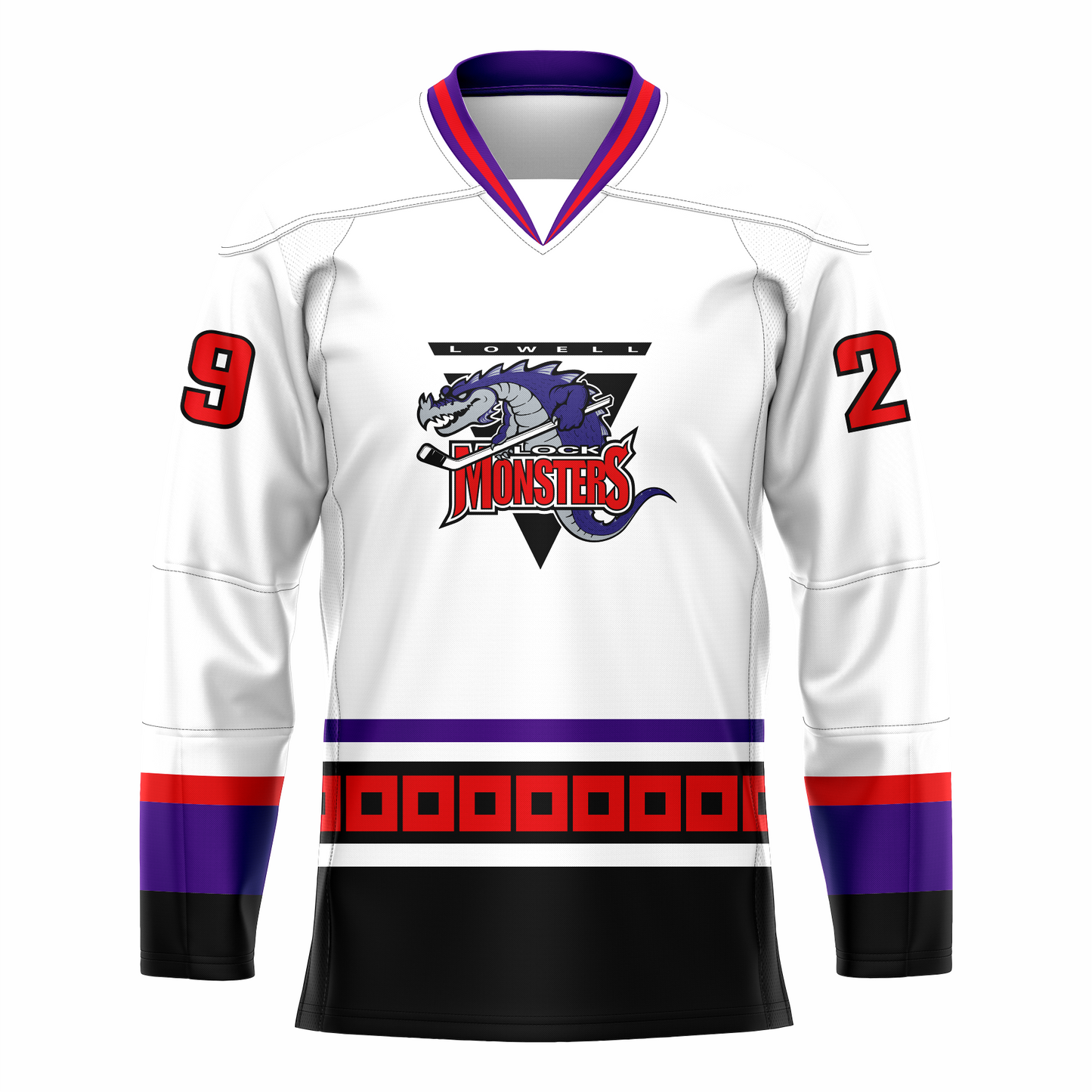 Lowell Lock Monsters hockey jersey. White. Purple, white, and b collar. Red, purple, and black bands at sleeve ends. Purple and white band at waist. Purple band below with red squares, white band and large black band below. Logo is an upside down triangle, Lowell in white with black background at top. Purple and great dragon with hockey stick over MONSTERS in red. Royal Retros. 