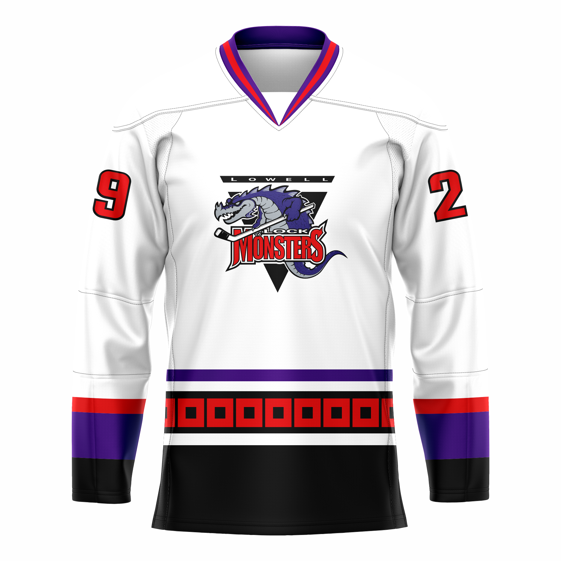Lowell Lock Monsters hockey jersey. White. Purple, white, and b collar. Red, purple, and black bands at sleeve ends. Purple and white band at waist. Purple band below with red squares, white band and large black band below. Logo is an upside down triangle, Lowell in white with black background at top. Purple and great dragon with hockey stick over MONSTERS in red. Royal Retros. 