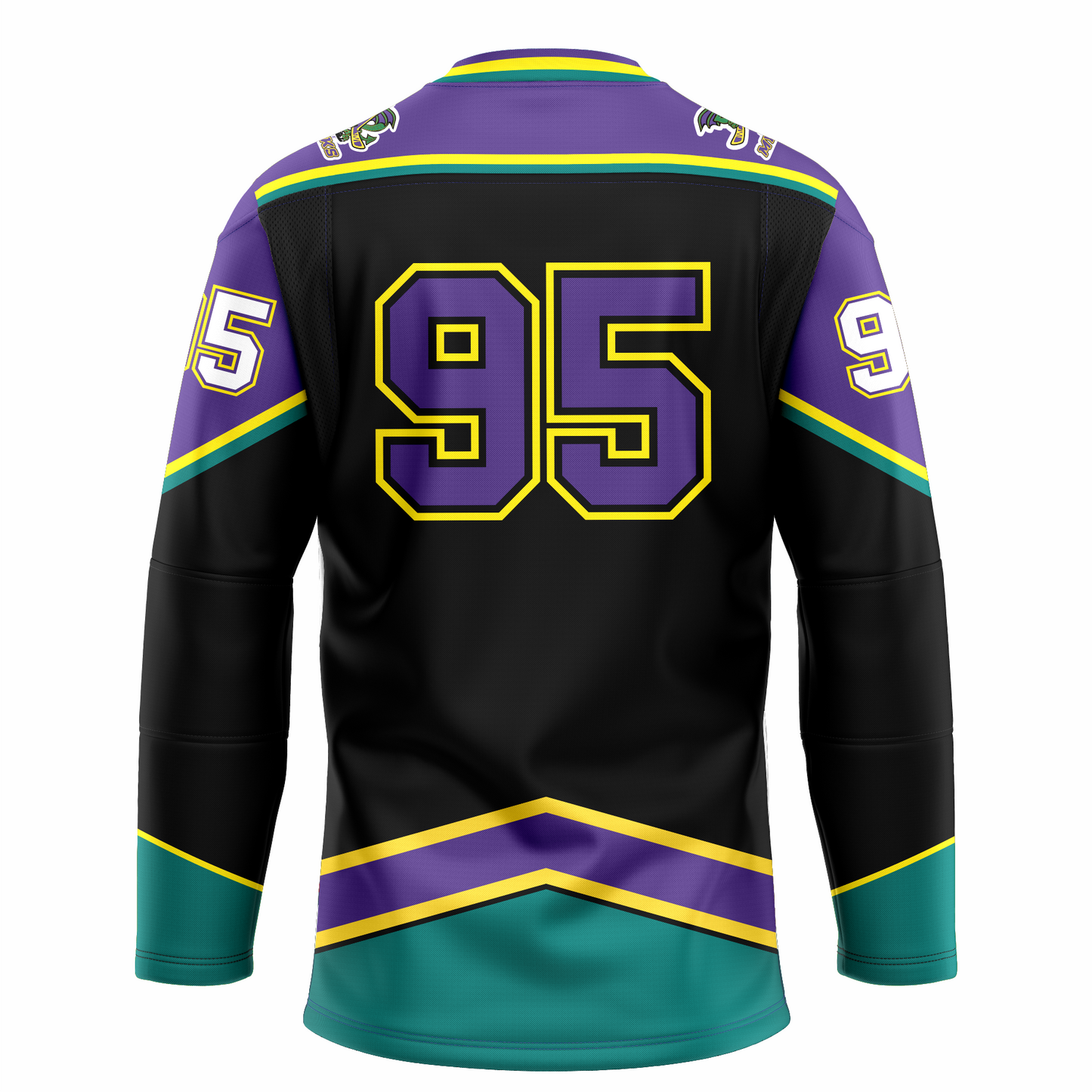 Mobile Mysticks hockey jersey. White. Back. Purple shoulders and top of sleeves with gold and teal trim. Teal sleeve ends with gold trim. Angled purple band with gold trim above waist, teal below. #95 large on back, purple  purple with gold trim. Royal Retros