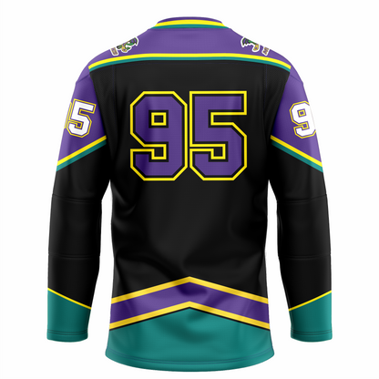 Mobile Mysticks hockey jersey. White. Back. Purple shoulders and top of sleeves with gold and teal trim. Teal sleeve ends with gold trim. Angled purple band with gold trim above waist, teal below. #95 large on back, purple  purple with gold trim. Royal Retros