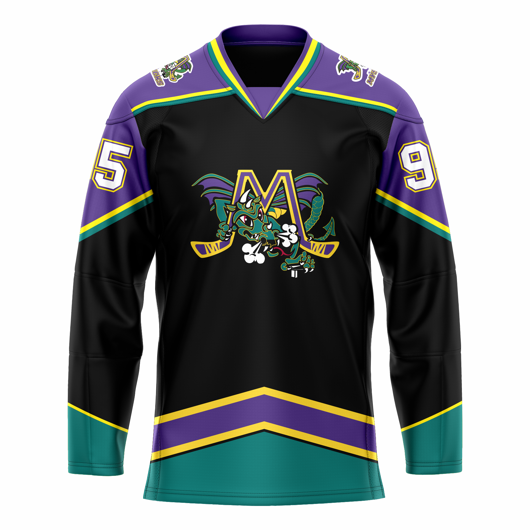 Mobile Mysticks hockey jersey. Black. Purple shoulders and top of sleeves with gold and teal trim. Teal sleeve ends with gold trim. Angled purple band with gold trim above waist, teal below. Logo on chest is an gold M with yellow trim, hockey sticks forming the legs. Large dragon green with purple wings poking through letter. Royal Retros