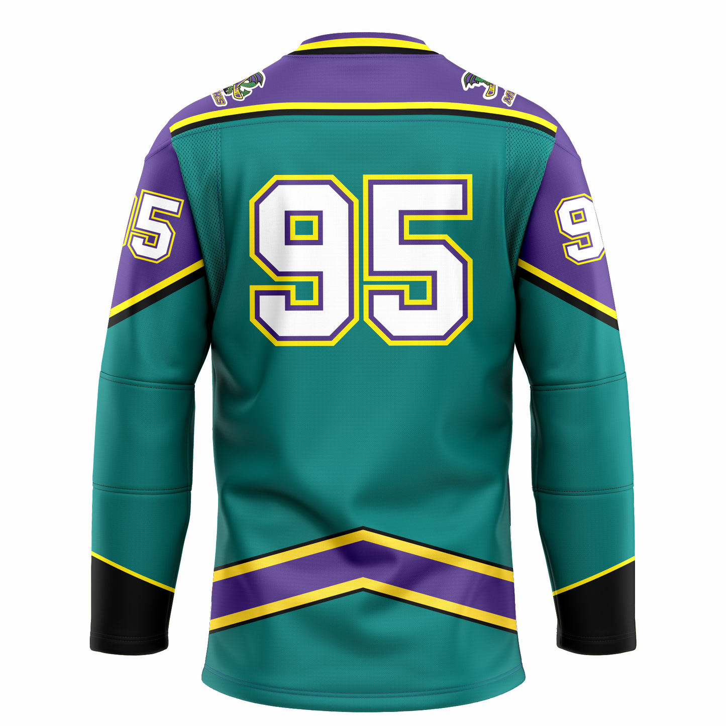 Mobile Mysticks hockey jersey. Teal. Back. Purple shoulders and top of sleeves with gold and black trim. Black sleeve ends with gold trim. Angled purple band with gold trim above waist. #95 large on back white with gold and purple trim. Royal Retros