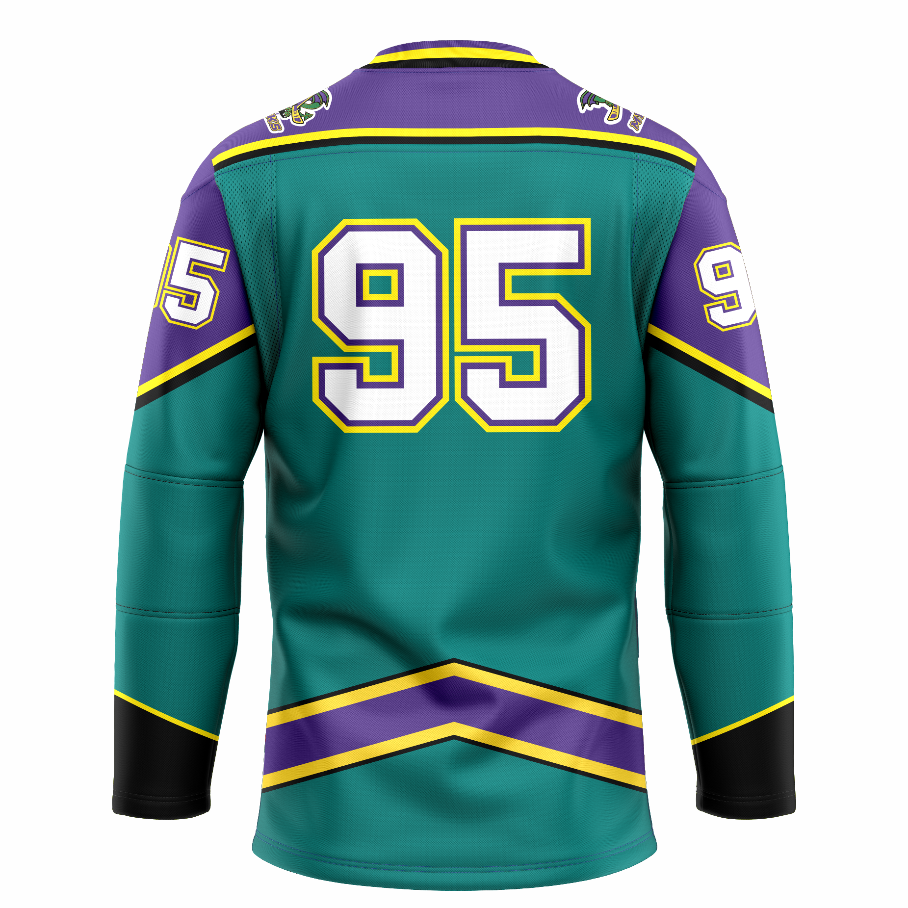Mobile Mysticks hockey jersey. Teal. Back. Purple shoulders and top of sleeves with gold and black trim. Black sleeve ends with gold trim. Angled purple band with gold trim above waist. #95 large on back white with gold and purple trim. Royal Retros