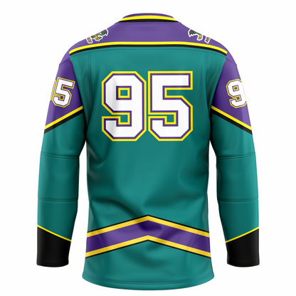 Mobile Mysticks hockey jersey. Teal. Back. Purple shoulders and top of sleeves with gold and black trim. Black sleeve ends with gold trim. Angled purple band with gold trim above waist. #95 large on back white with gold and purple trim. Royal Retros
