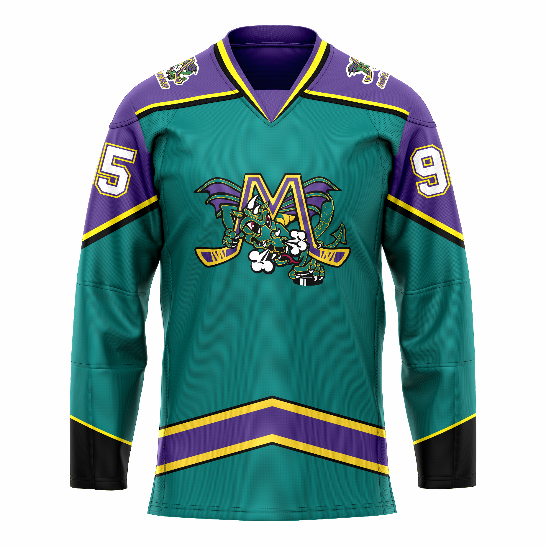 Mobile Mysticks hockey jersey. Teal. Purple shoulders and top of sleeves with gold and black trim. Black sleeve ends with gold trim. Angled purple band with gold trim above waist. Logo on chest is an gold M with yellow trim, hockey sticks forming the legs. Large dragon green with purple wings poking through letter. Royal Retros