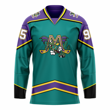 Mobile Mysticks hockey jersey. Teal. Purple shoulders and top of sleeves with gold and black trim. Black sleeve ends with gold trim. Angled purple band with gold trim above waist. Logo on chest is an gold M with yellow trim, hockey sticks forming the legs. Large dragon green with purple wings poking through letter. Royal Retros