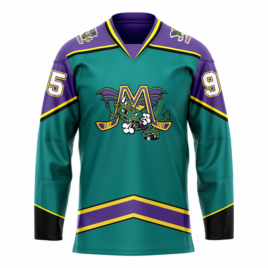 Mobile Mysticks hockey jersey. Teal. Purple shoulders and top of sleeves with gold and black trim. Black sleeve ends with gold trim. Angled purple band with gold trim above waist. Logo on chest is an gold M with yellow trim, hockey sticks forming the legs. Large dragon green with purple wings poking through letter. Royal Retros