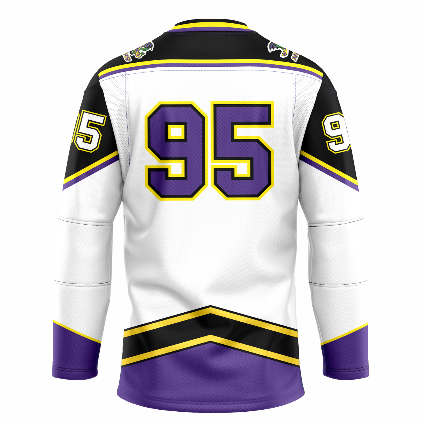 Mobile Mysticks hockey jersey. White. Back. Black shoulders and top of sleeves with gold and purple trim. Purple sleeve ends with gold trim. Angled black band with gold trim above waist. #95 large on back purpl with gold and black trim. Royal Retros