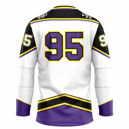 Mobile Mysticks hockey jersey. White. Back. Black shoulders and top of sleeves with gold and purple trim. Purple sleeve ends with gold trim. Angled black band with gold trim above waist. #95 large on back purpl with gold and black trim. Royal Retros