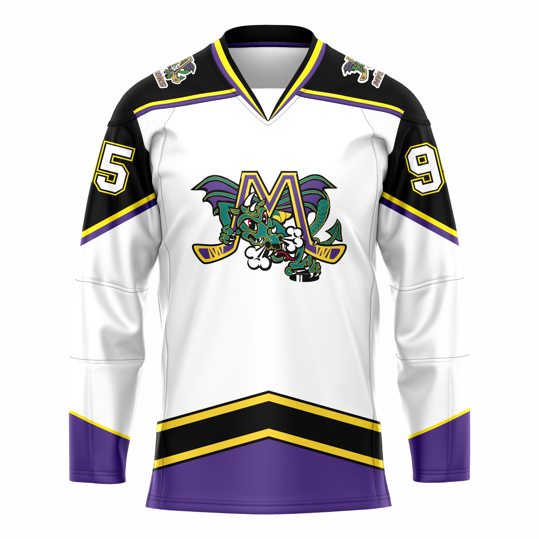 Mobile Mysticks hockey jersey. White. Black shoulders and top of sleeves with gold and purple trim. Purple sleeve ends with gold trim. Angled black band with gold trim above waist, all purple below. Logo on chest is an gold M with yellow trim, hockey sticks forming the legs. Large dragon green with purple wings poking through letter. Royal Retros