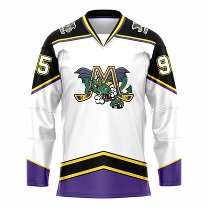 Mobile Mysticks hockey jersey. White. Black shoulders and top of sleeves with gold and purple trim. Purple sleeve ends with gold trim. Angled black band with gold trim above waist, all purple below. Logo on chest is an gold M with yellow trim, hockey sticks forming the legs. Large dragon green with purple wings poking through letter. Royal Retros