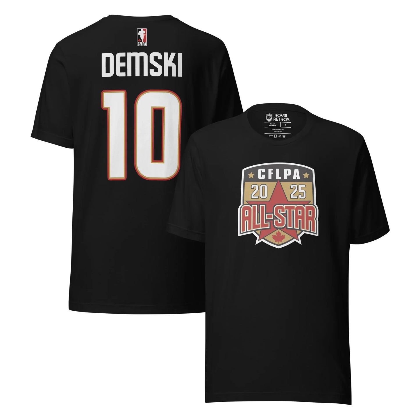2025 CFLPA All Star Player T-Shirt. Black. Back upper right. Name in large letters across top of back in white. Large white numerals with red trim, below. Front, lower right. Shield with white trim. Inside is CFLPA in white over black with two gold stars on either side. Large star on gold background in shield below, with 20 in white on one side of point, 25 on right. ALL-STAR in red with white and black trim across bottom part of shield, red maple leaft at bottom of shield. Royal Retros