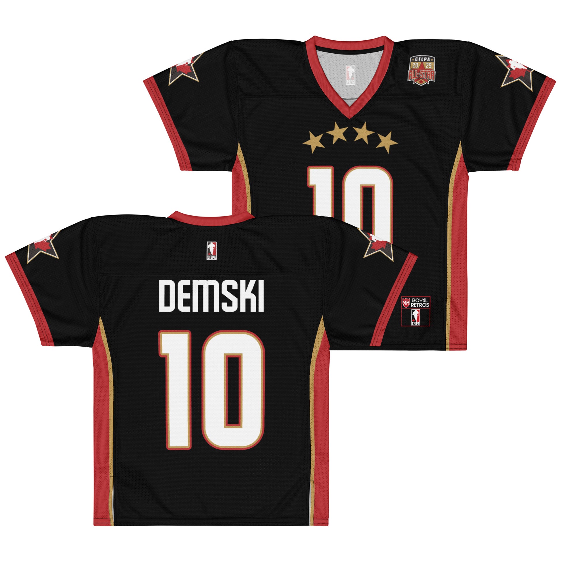 2025 CFLPA All-Star Replica Jersey. Black. Front and Back. Red collar and sleeve ends. Four gold stars over large white name over large white numerals with red trim. Gold, red, and gold stripes up sides. Royal Retro