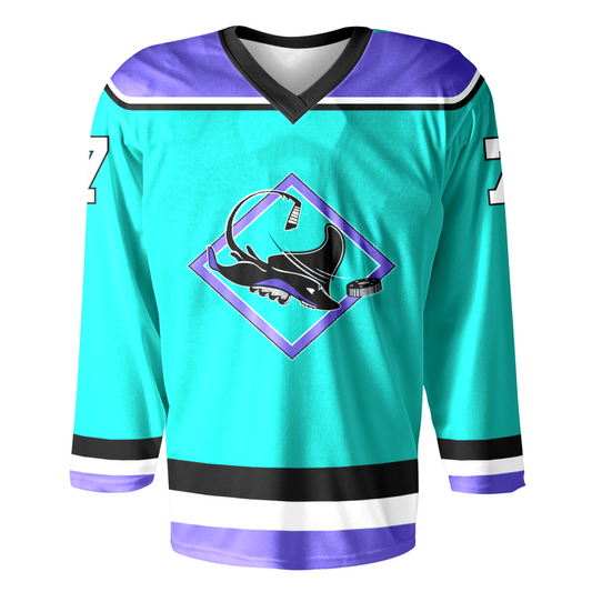 Oakland Skates RHI Jersey - Jerseys. Aqua. Blue shoulders with black and white trim. Black white and blue trim at sleeve ends and waist. Logo on chest:  Aqua diamond with purple trim. Manta Ray swimming tom the right over diamond.  Royal Retros