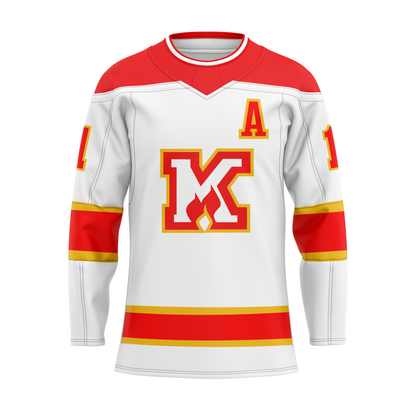 Omaha Knights hockey jersey white. Red shoulders, white collar. Red shoulders. White K with red and gold trim. Flames at bottom of K. Thin gold, thick red, thin gold, bands mid-sleeve and above waist. Co-captain A in red with gold trim on left chest. Royal Retros