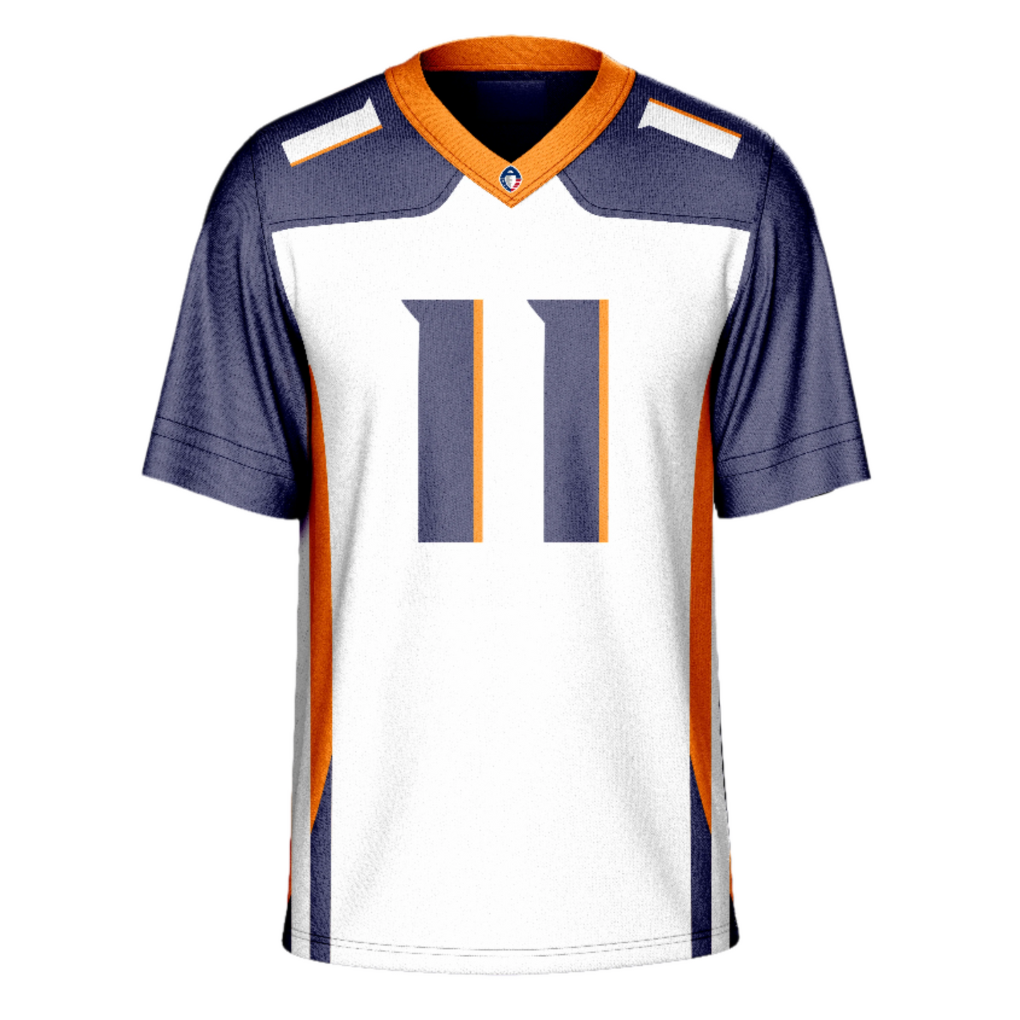 Orlando Apollos Jersey - Jerseys - AAF - white. #11 on chest with orange trim. Orange and blue trim on sides. Blue sleeves and shoulders. Orange collar with #11 in white on shoulders. Royal Retros