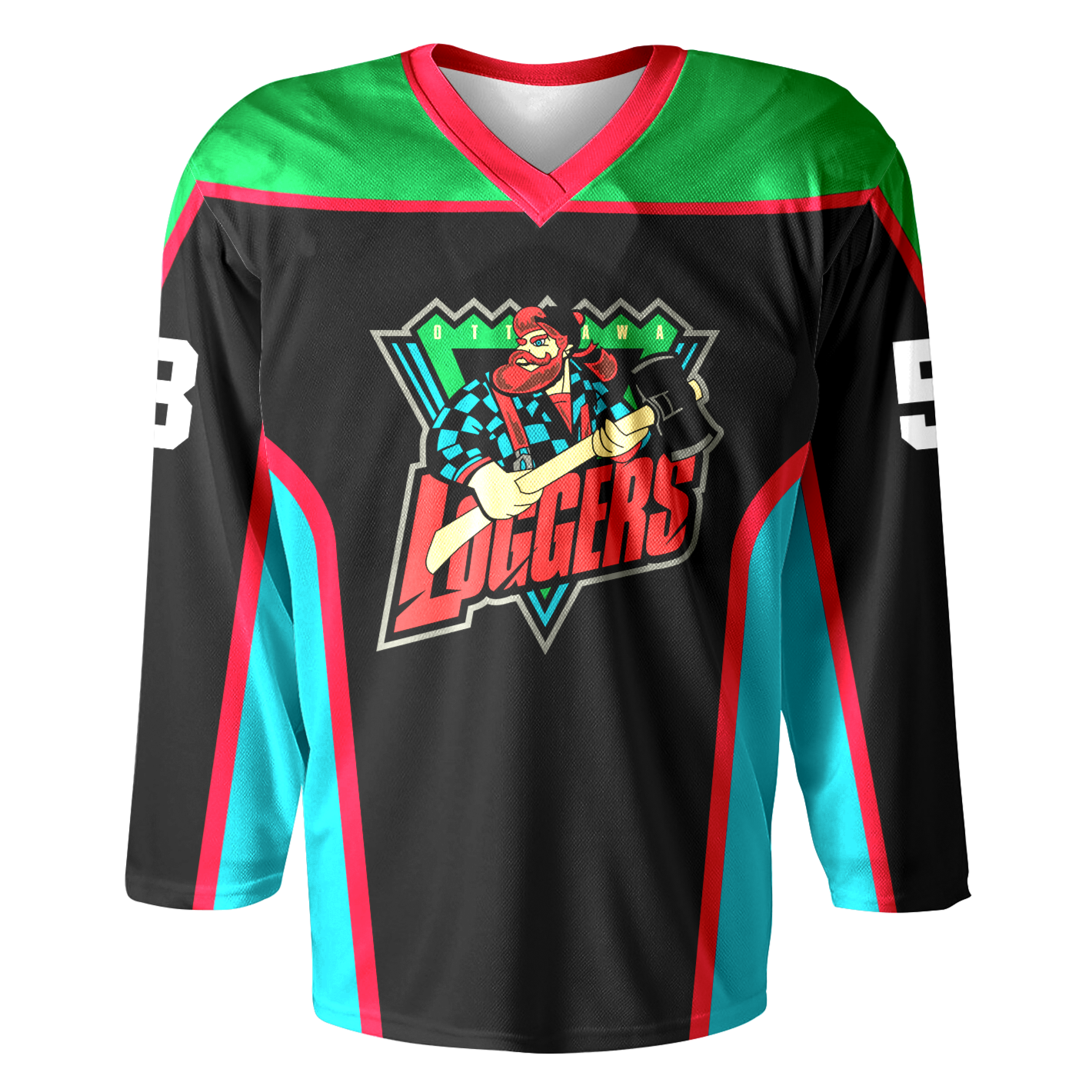Ottawa Loggers RHI Jersey - Jerseys. Black. Red collar. Green shoulders with red trim. Teal sides going under sleeves with red trim. Logo on chest. Upside down blue triangle, with jagged green top. Lumberjack chest up holding ax over triangle. OTT and AWA on either side of lumberjack's head on green jagged part. Loggers in red angled below lumberjack over bottom of triangle. Royal Retros.