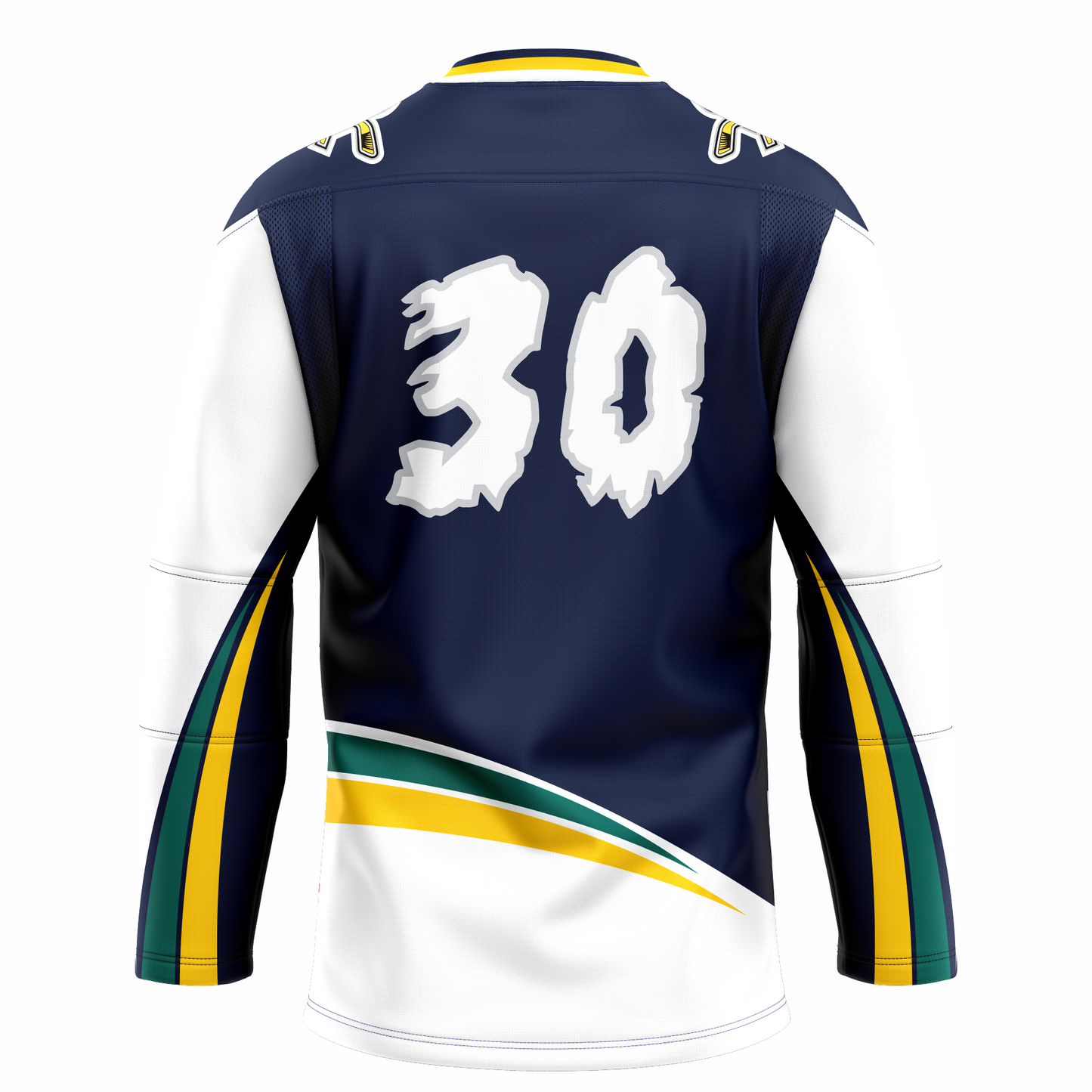 Quebec Rafales hockey jersey. Purple. Back. White sleeves with green, yellow, and purple bands going up bottom half of sleeves to underarm. Green and gold triangular bands above waist. #30 large on back white shaped like snowflakes. Royal Retros.