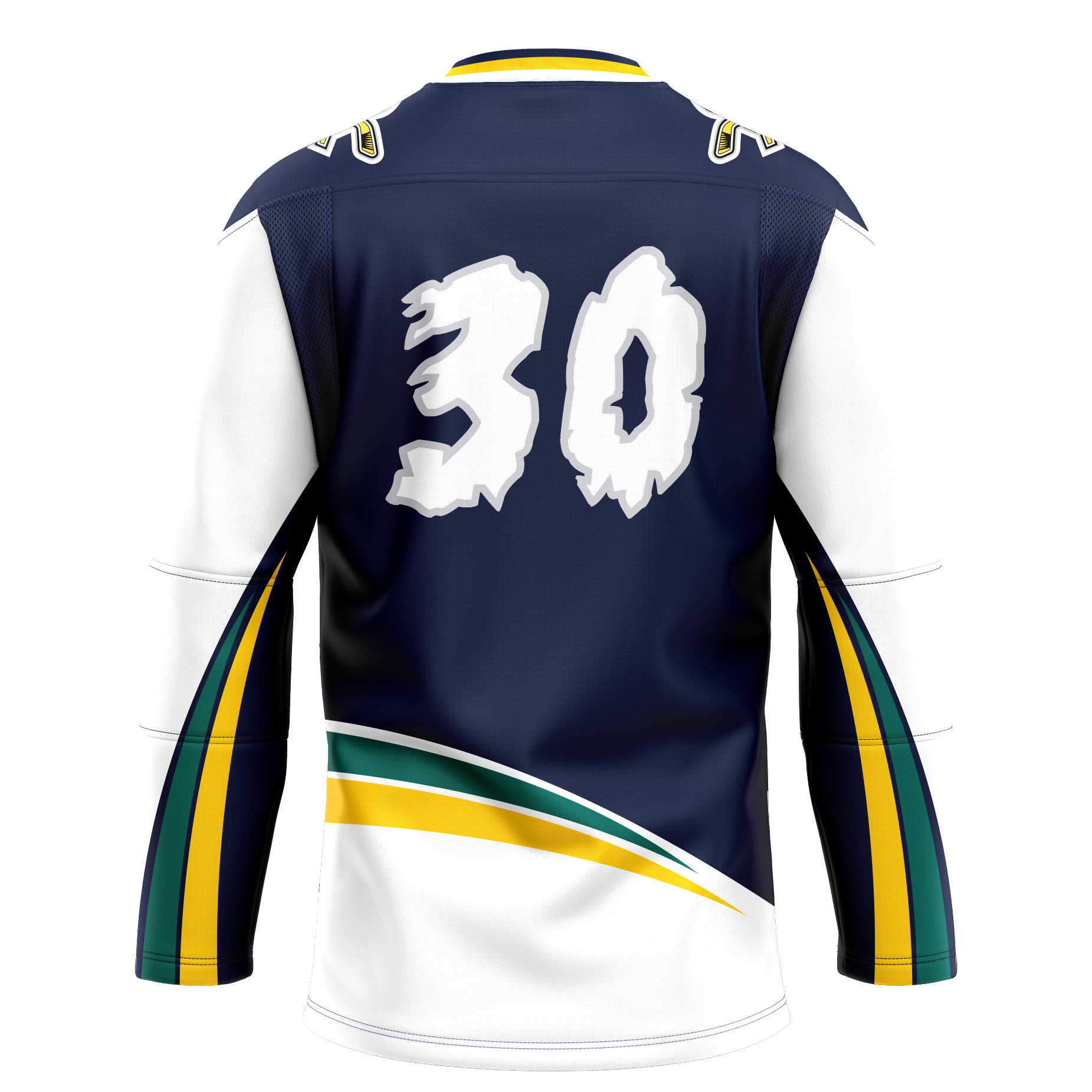 Quebec Rafales hockey jersey. Purple. Back. White sleeves with green, yellow, and purple bands going up bottom half of sleeves to underarm. Green and gold triangular bands above waist. #30 large on back white shaped like snowflakes. Royal Retros.