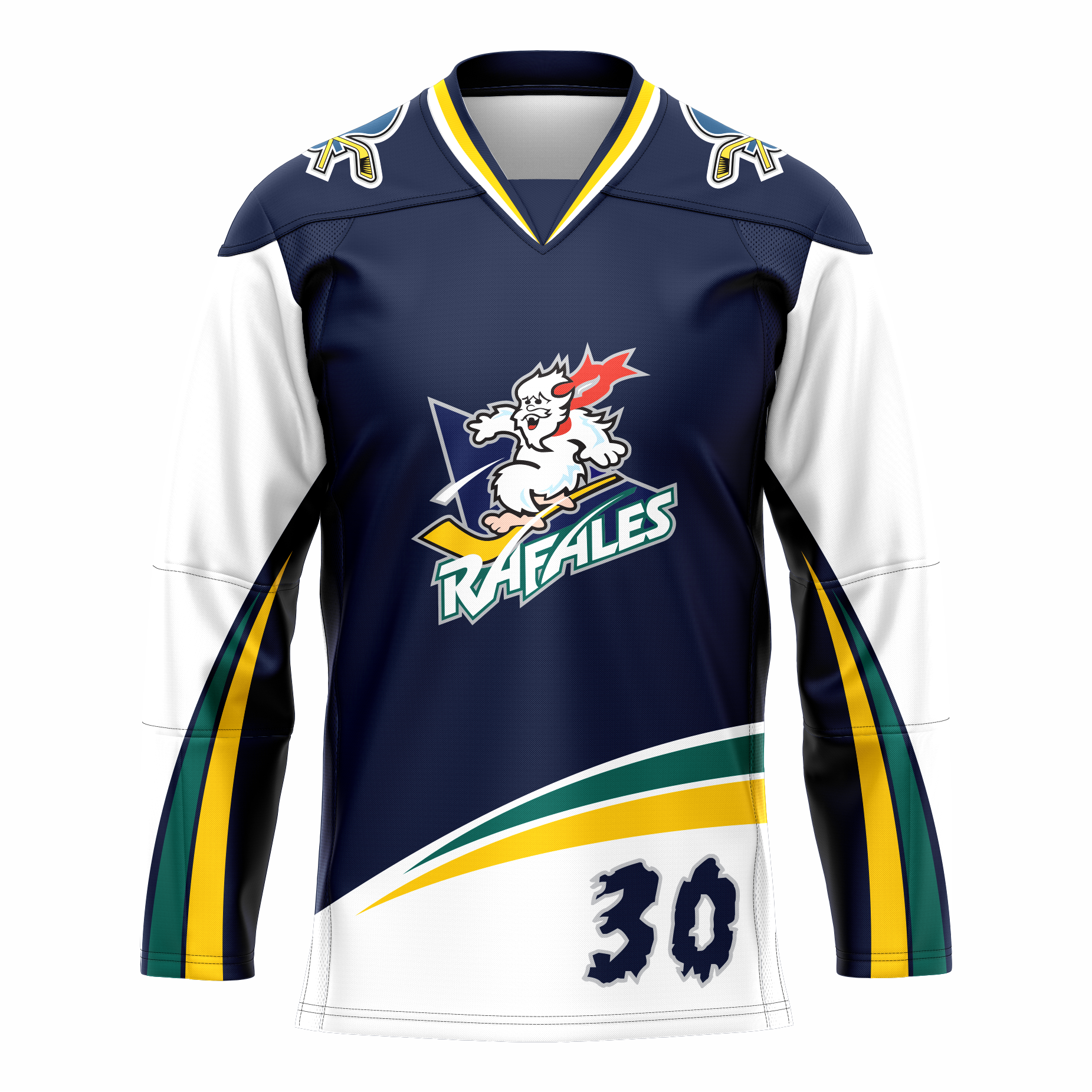 Quebec Rafales hockey jersey. Purple. White sleeves with green, yellow, and purple bands going up bottom half of sleeves to underarm. Green and gold triangular bands above waist. #30 lower left, shaped like snow flakes. LOGO on chest is White Yeti riding a yellow hockey stick over a purple triangle. RAFALES angled in white with blue trim below. Royal Retros.