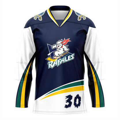 Quebec Rafales hockey jersey. Purple. White sleeves with green, yellow, and purple bands going up bottom half of sleeves to underarm. Green and gold triangular bands above waist. #30 lower left, shaped like snow flakes. LOGO on chest is White Yeti riding a yellow hockey stick over a purple triangle. RAFALES angled in white with blue trim below. Royal Retros.