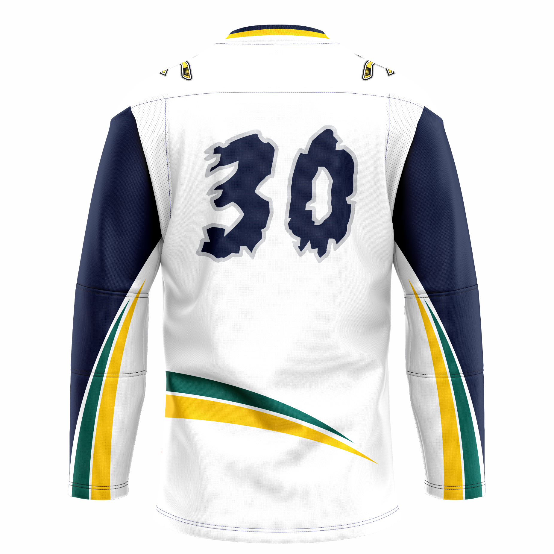 Quebec Rafales hockey jersey. White.  Purple sleeves with green, yellow, and white bands going up bottom half of sleeves to underarm. Green and gold triangular bands above waist. #30 purple shaped like snowflakes large on back. Royal Retros.