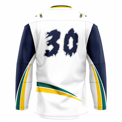 Quebec Rafales hockey jersey. White.  Purple sleeves with green, yellow, and white bands going up bottom half of sleeves to underarm. Green and gold triangular bands above waist. #30 purple shaped like snowflakes large on back. Royal Retros.