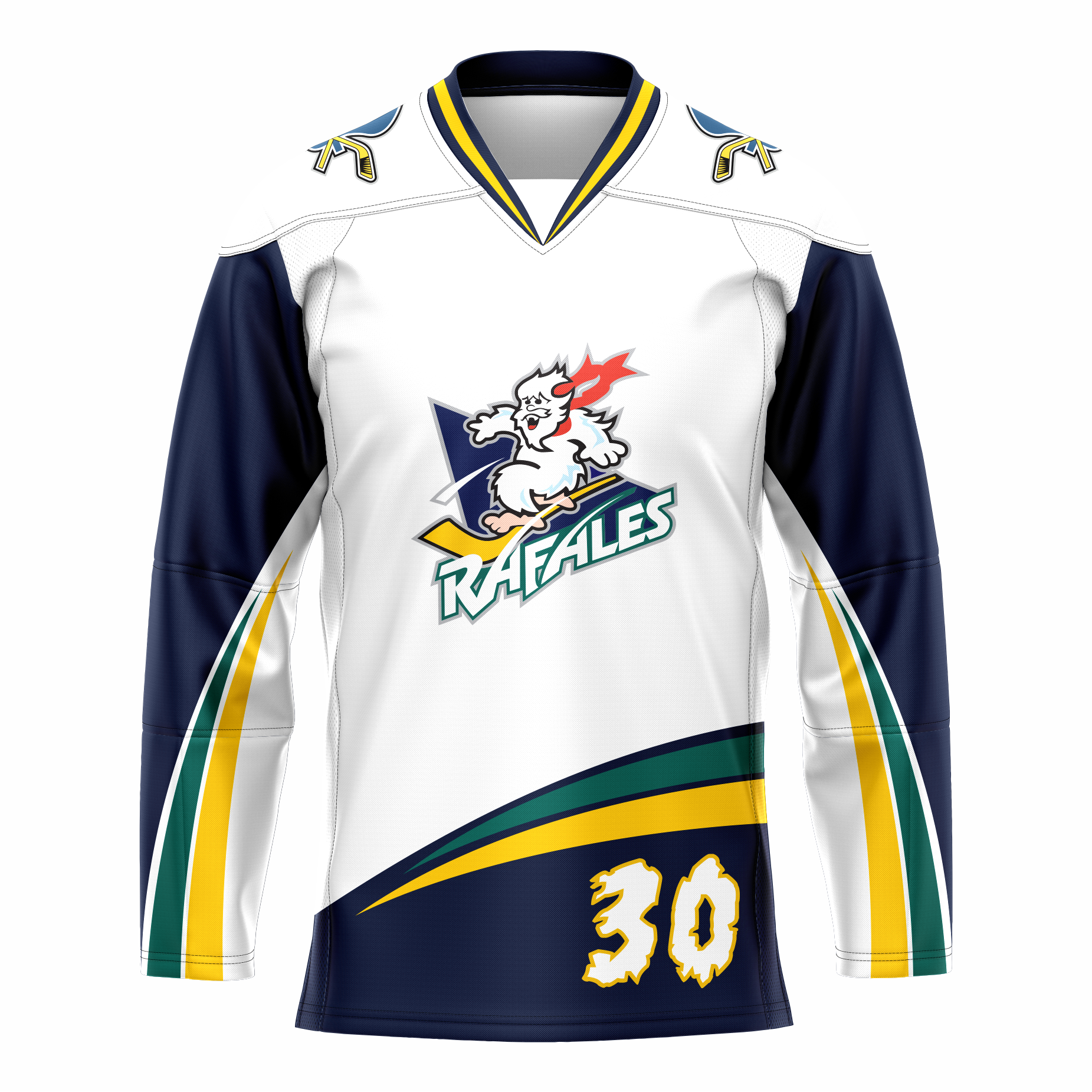 Quebec Rafales hockey jersey. White. Purple sleeves with green, yellow, and white bands going up bottom half of sleeves to underarm. Green and gold triangular bands above waist. Purple around waist.  #30 white wit gold trim lower left, shaped like snow flakes. LOGO on chest is White Yeti riding a yellow hockey stick over a purple triangle. RAFALES angled in white with blue trim below. Royal Retros.