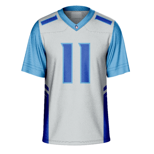 Salt Lake Stallions Jersey - AAF - Silver with light blue sleeves/ Roya; trim on sides. #11 in blue with light blue trim. Light blue collar. Royal Retros