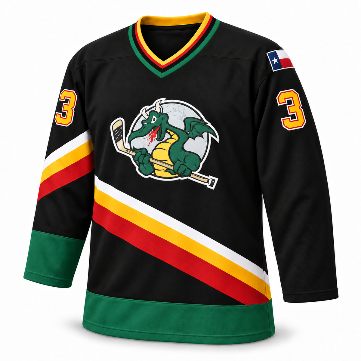 San Antonio Dragons black jersey front mockup, number 3, dragon chest crest and Texas flag shoulder patch.