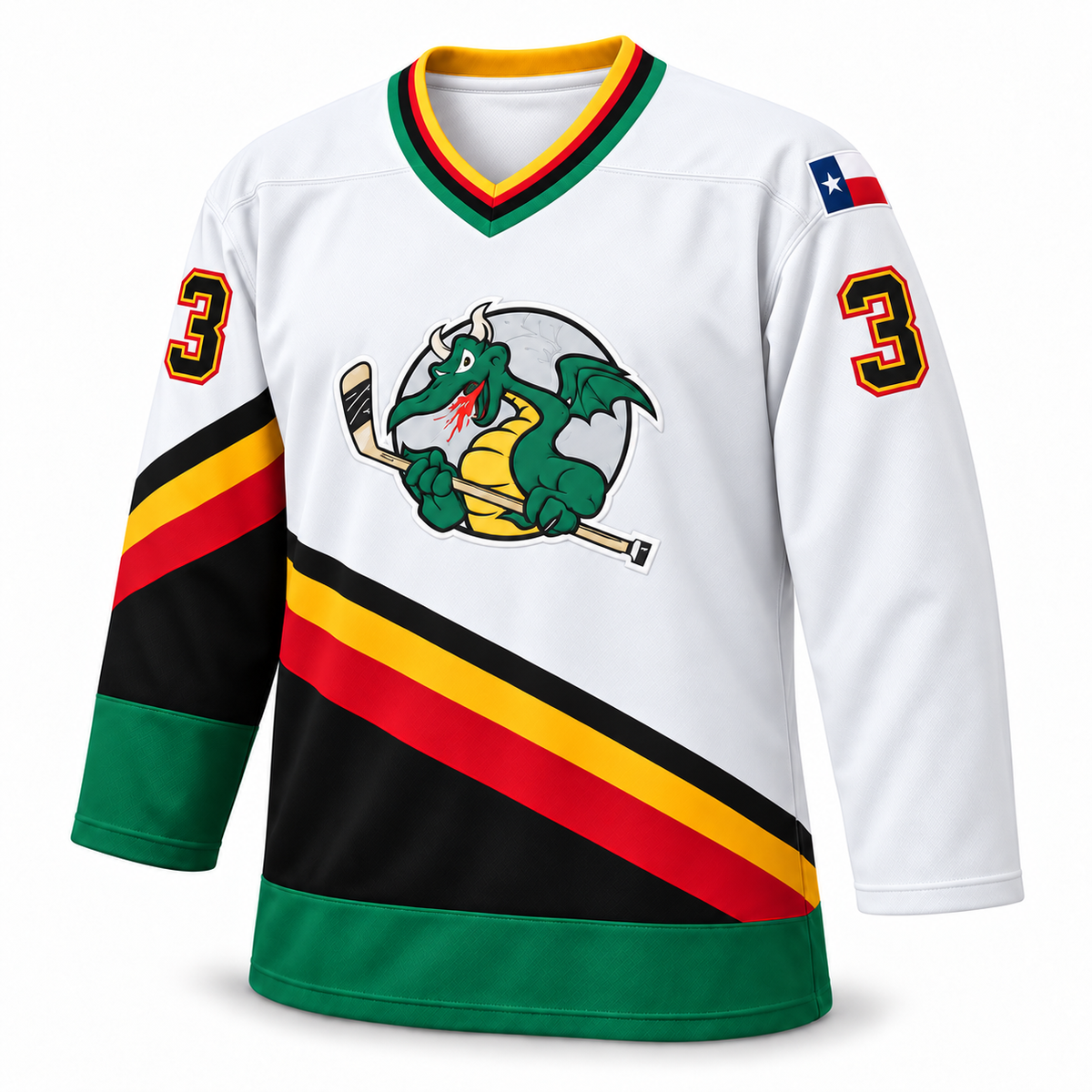 San Antonio Dragons white jersey front mockup, number 3, dragon chest crest and Texas flag shoulder patch.