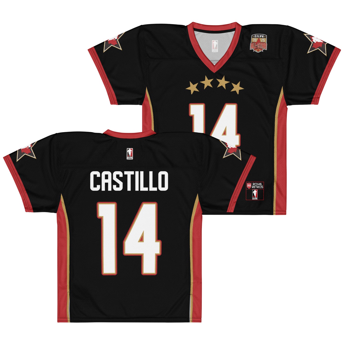 2025 CFLPA All-Star Replica Jersey. Black. Front and Back. Red collar and sleeve ends. Four gold stars over large white name over large white numerals with red trim. Gold, red, and gold stripes up sides. Royal Retro