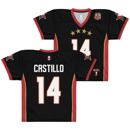 2025 CFLPA All-Star Replica Jersey. Black. Front and Back. Red collar and sleeve ends. Four gold stars over large white name over large white numerals with red trim. Gold, red, and gold stripes up sides. Royal Retro