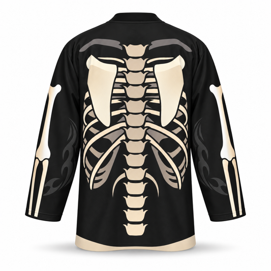 Skeleton Hockey Jersey replica, straight-on back view with shoulder-blade, rib, spine and arm-bone graphics