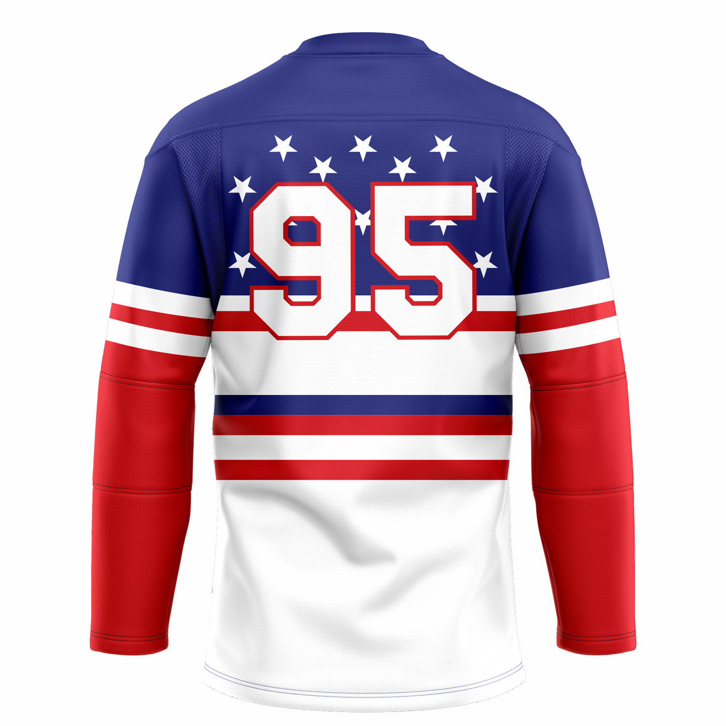 St. Louis Flyers hockey jersey. Blue top with white stars. White, red, white band mid-sleeve. Red sleeves below elbows. Red band on chest. #95 in white with red trim over blue part with bottom of numbers over the white and red band. Royal Retros