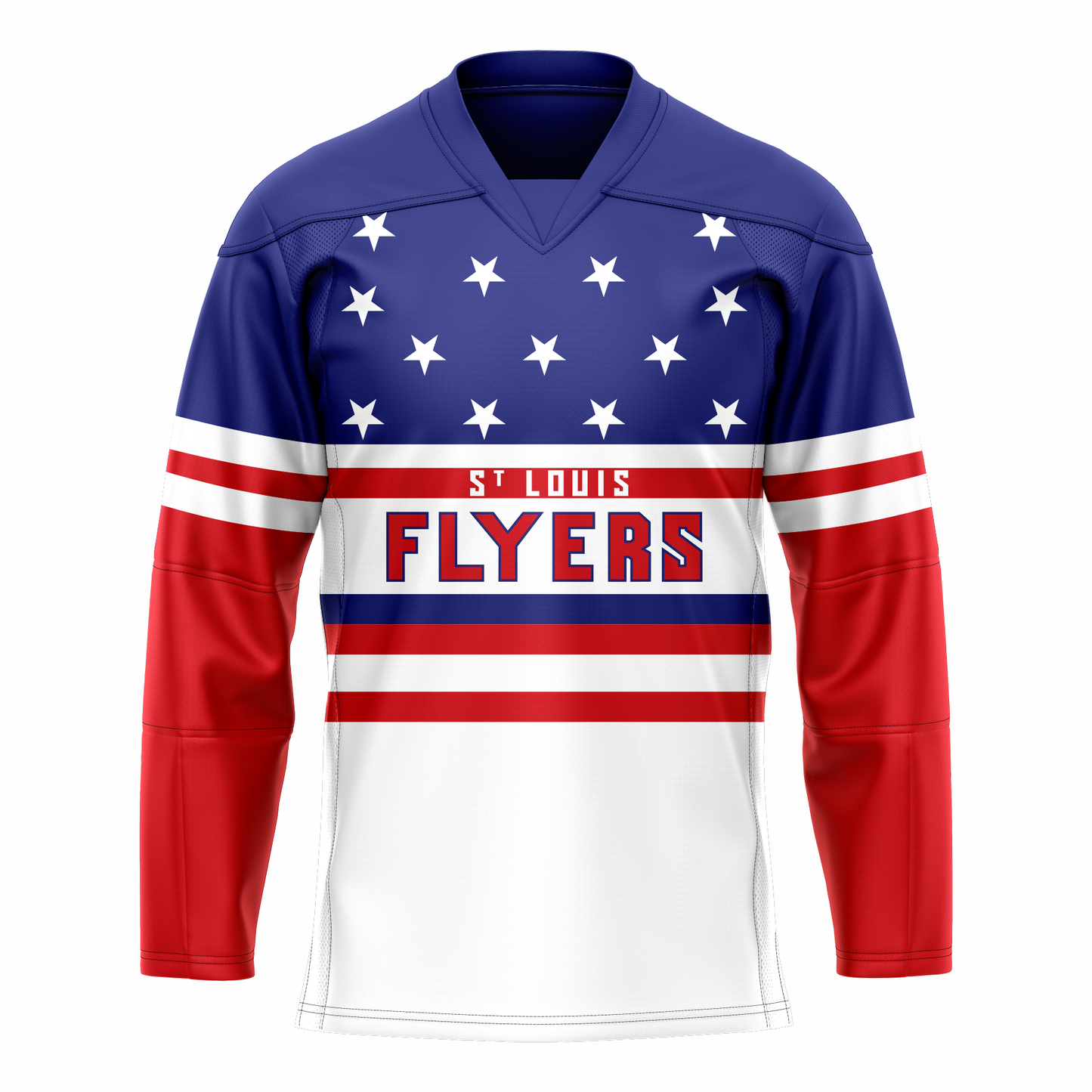 St. Louis Flyers hockey jeresy. Blue top with white stars. White, red, white band mid-sleeve. Red sleeves below elbows. Red band on chest has St. Louis in white, Flyers below in red with blue trim, blue, red, white, and red band below. Royal Retros