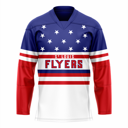 St. Louis Flyers hockey jeresy. Blue top with white stars. White, red, white band mid-sleeve. Red sleeves below elbows. Red band on chest has St. Louis in white, Flyers below in red with blue trim, blue, red, white, and red band below. Royal Retros