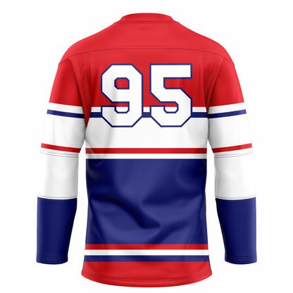 St. Louis Flyers hockey jersey. Red top. Blue, large white, red band mid-sleeve. blue sleeves 2/3 down.#95 large in white with blue trim on back. Red and whit band below. Large blue section below, then red, white, blue, and large red band at waist. Royal Retros